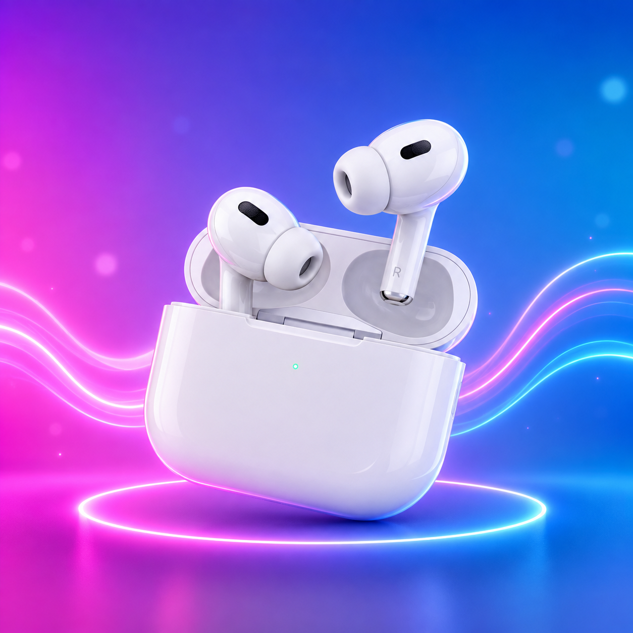 Wireless Bluetooth earbuds with charging case on colorful neon background
